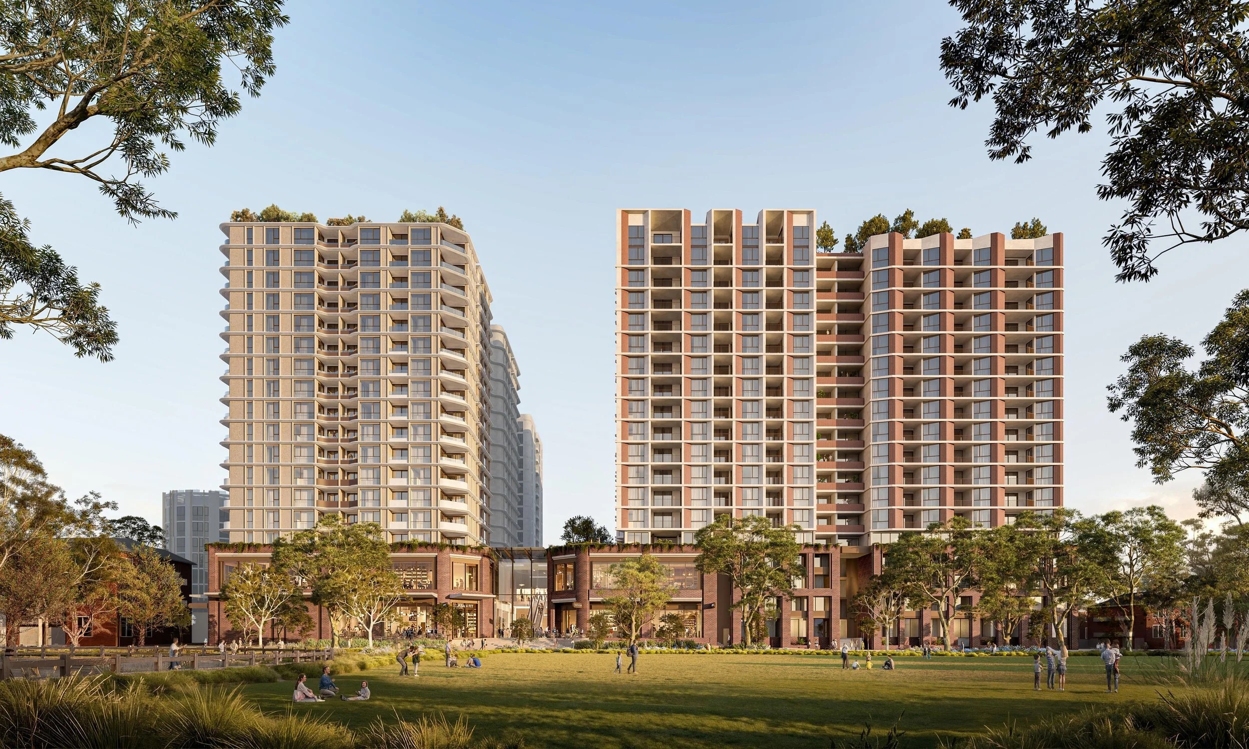 Artist impression of people relaxing on the lawn beside the proposed town centre